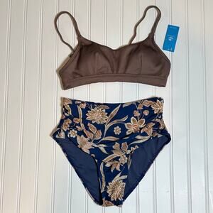 Cupshe Small Brown 2 Piece Ribbed Bikini Brown Paisley Floral High Waste Bottom
